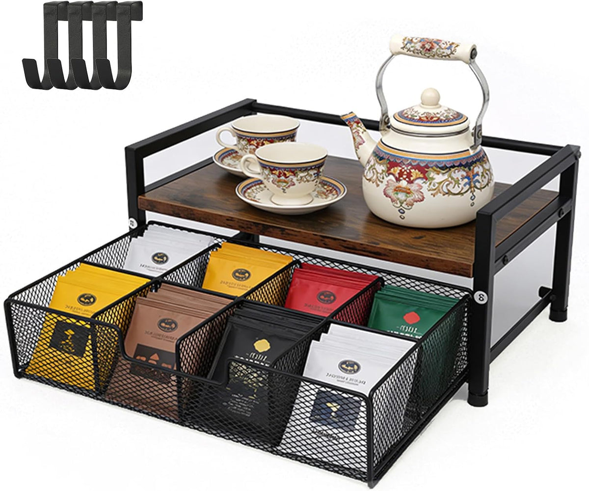 Tea Bag Organizer Holder, Wood Tea Organizers and Storage, 8 Compartments | Tea Box Station Natural Wood & Metal, Tea Storage Chest Container Box for Countertop Kitchen with 4 Hooks