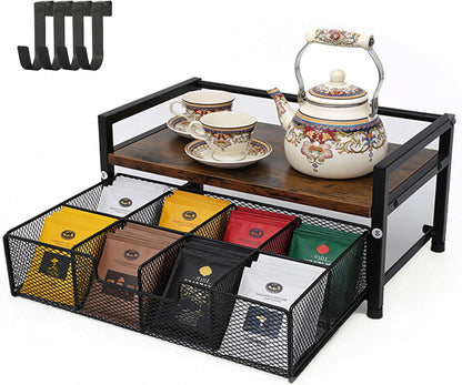 Tea Bag Organizer Holder, Wood Tea Organizers and Storage, 8 Compartments | Tea Box Station Natural Wood & Metal, Tea Storage Chest Container Box for Countertop Kitchen with 4 Hooks