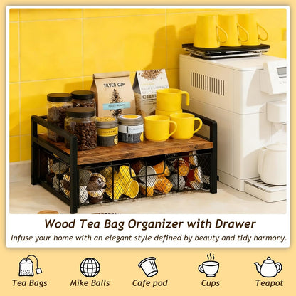 Tea Bag Organizer Holder, Wood Tea Organizers and Storage, 8 Compartments | Tea Box Station Natural Wood & Metal, Tea Storage Chest Container Box for Countertop Kitchen with 4 Hooks