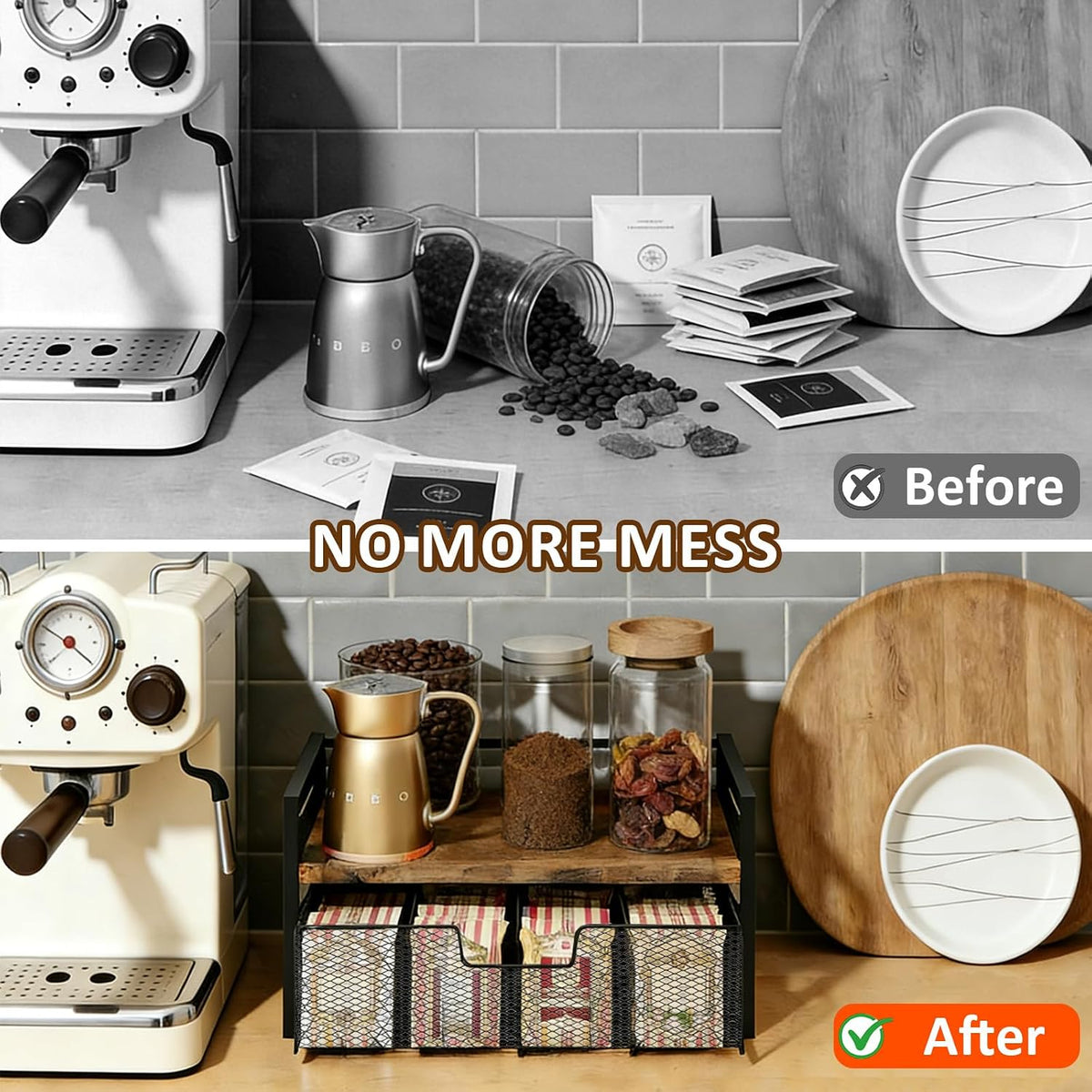 Tea Bag Organizer Holder, Wood Tea Organizers and Storage, 8 Compartments | Tea Box Station Natural Wood & Metal, Tea Storage Chest Container Box for Countertop Kitchen with 4 Hooks