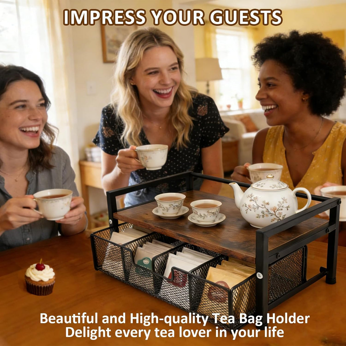 Tea Bag Organizer Holder, Wood Tea Organizers and Storage, 8 Compartments | Tea Box Station Natural Wood & Metal, Tea Storage Chest Container Box for Countertop Kitchen with 4 Hooks