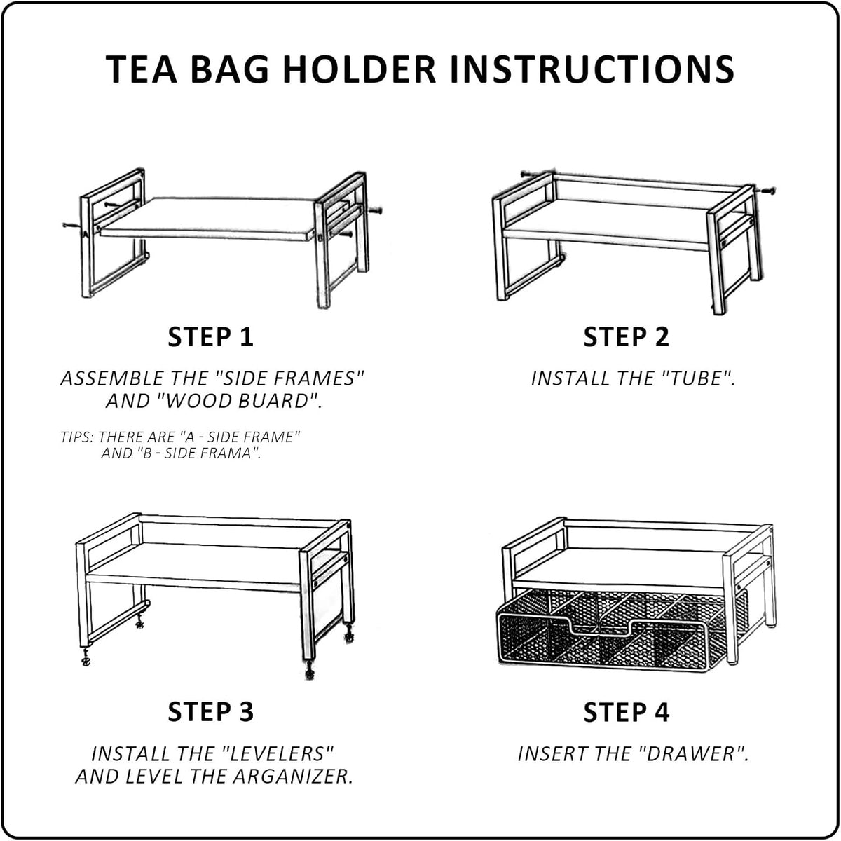 Tea Bag Organizer Holder, Wood Tea Organizers and Storage, 8 Compartments | Tea Box Station Natural Wood & Metal, Tea Storage Chest Container Box for Countertop Kitchen with 4 Hooks