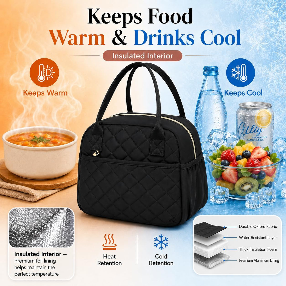 Lunch Box for Women Insulated Lunch Bag Lunchbox Cooler Thermal Leakproof Quilted Reusable Lunch Tote Bag for Work School Travel Picnic (Black) - Colors A