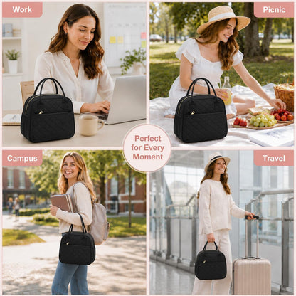 Lunch Box for Women Insulated Lunch Bag Lunchbox Cooler Thermal Leakproof Quilted Reusable Lunch Tote Bag for Work School Travel Picnic (Black) - Colors A