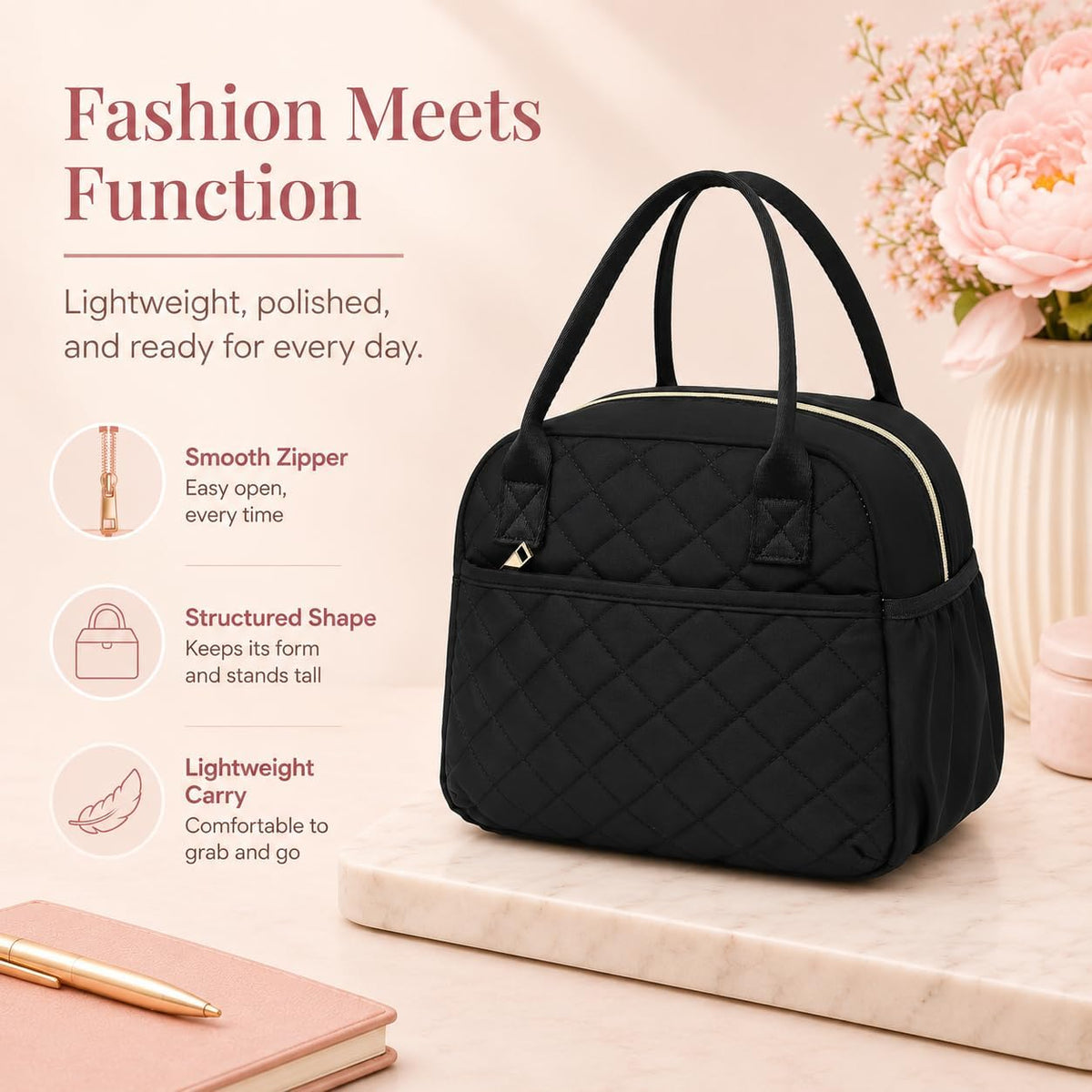 Lunch Box for Women Insulated Lunch Bag Lunchbox Cooler Thermal Leakproof Quilted Reusable Lunch Tote Bag for Work School Travel Picnic (Black) - Colors A