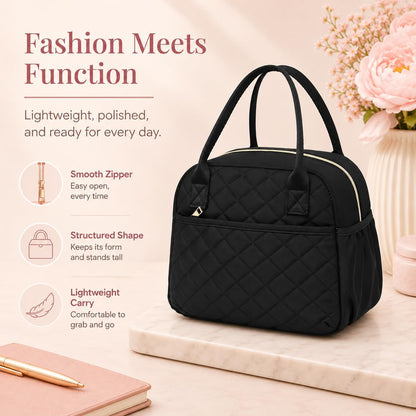 Lunch Box for Women Insulated Lunch Bag Lunchbox Cooler Thermal Leakproof Quilted Reusable Lunch Tote Bag for Work School Travel Picnic (Black) - Colors A
