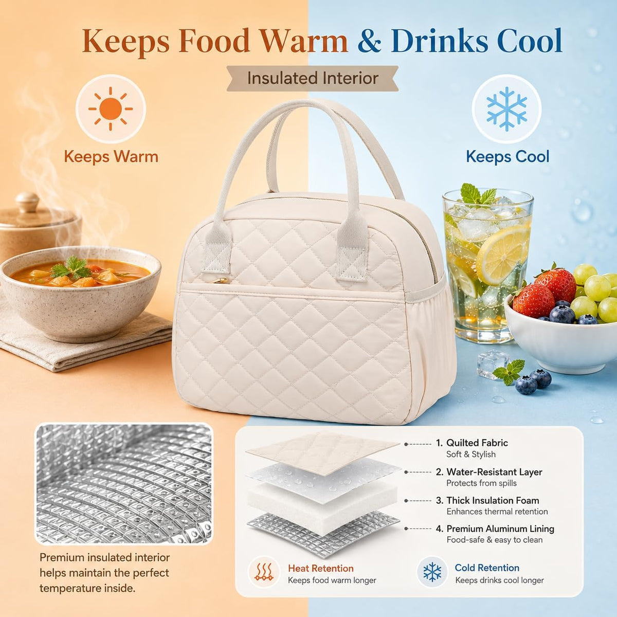 Lunch Box for Women Insulated Lunch Bag Lunchbox Cooler Thermal Leakproof Quilted Reusable Lunch Tote Bag for Work School Travel Picnic (Black) - Colors A