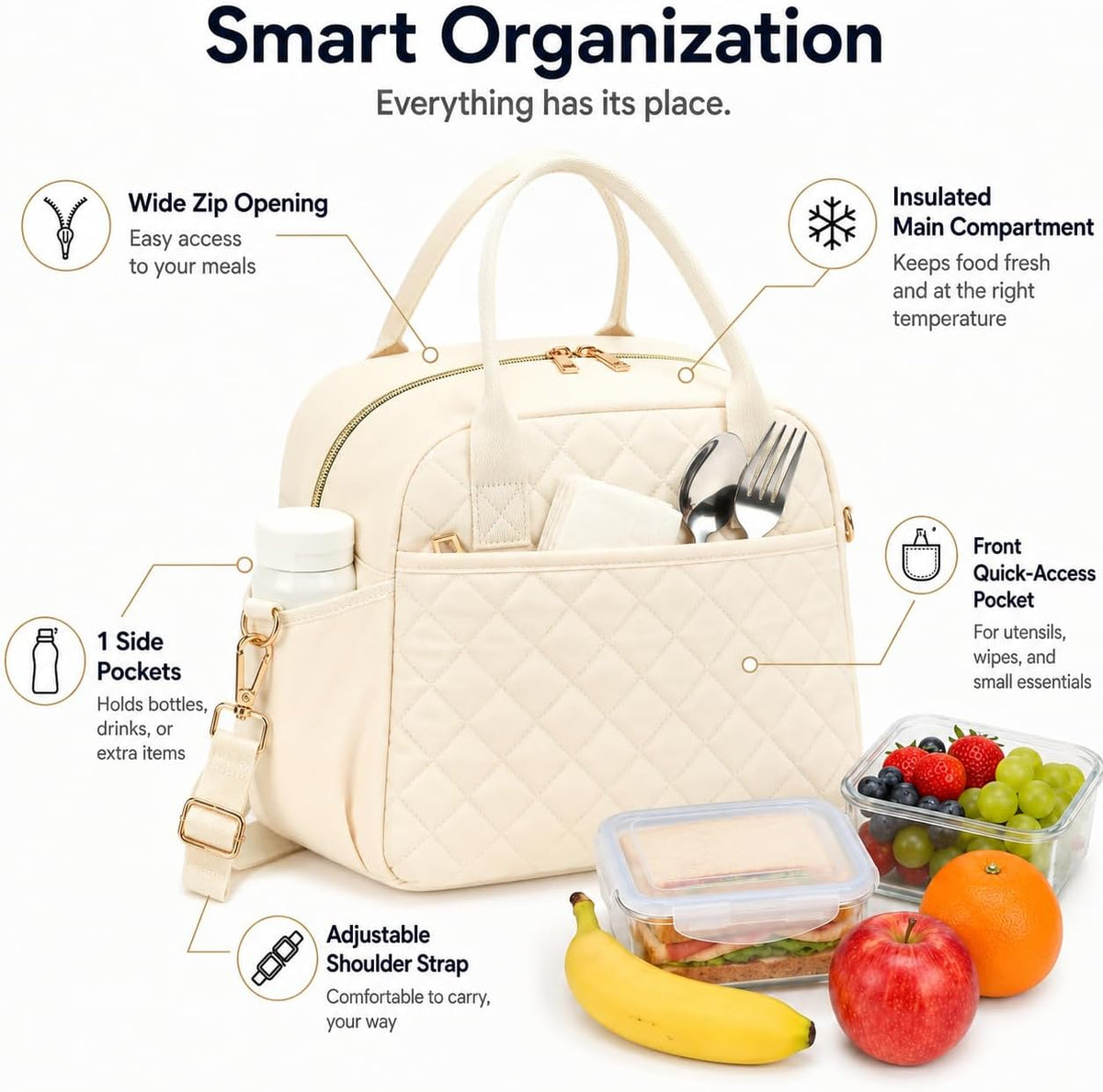 Lunch Box for Women Insulated Lunch Bag Lunchbox Cooler Thermal Leakproof Quilted Reusable Lunch Tote Bag for Work School Travel Picnic (Black) - Colors A