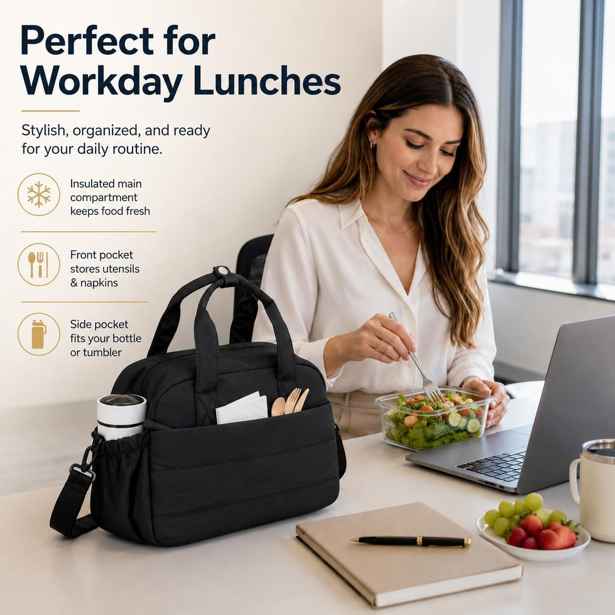 Lunch Box for Women Insulated Lunch Bag Lunchbox Cooler Thermal Leakproof Quilted Reusable Lunch Tote Bag for Work School Travel Picnic (Black) - Colors A