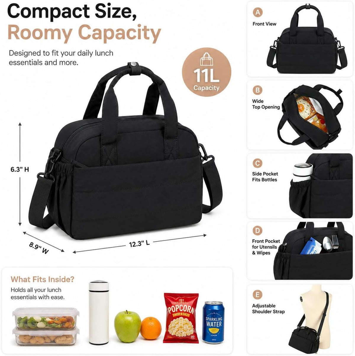 Lunch Box for Women Insulated Lunch Bag Lunchbox Cooler Thermal Leakproof Quilted Reusable Lunch Tote Bag for Work School Travel Picnic (Black) - Colors A
