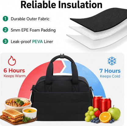Lunch Box for Women Insulated Lunch Bag Lunchbox Cooler Thermal Leakproof Quilted Reusable Lunch Tote Bag for Work School Travel Picnic (Black) - Colors A
