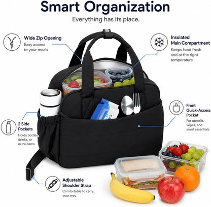 Lunch Box for Women Insulated Lunch Bag Lunchbox Cooler Thermal Leakproof Quilted Reusable Lunch Tote Bag for Work School Travel Picnic (Black) - Colors A