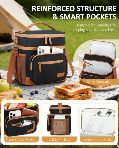 Lunch Box for Women Insulated Lunch Bag Lunchbox Cooler Thermal Leakproof Quilted Reusable Lunch Tote Bag for Work School Travel Picnic (Black) - Colors A
