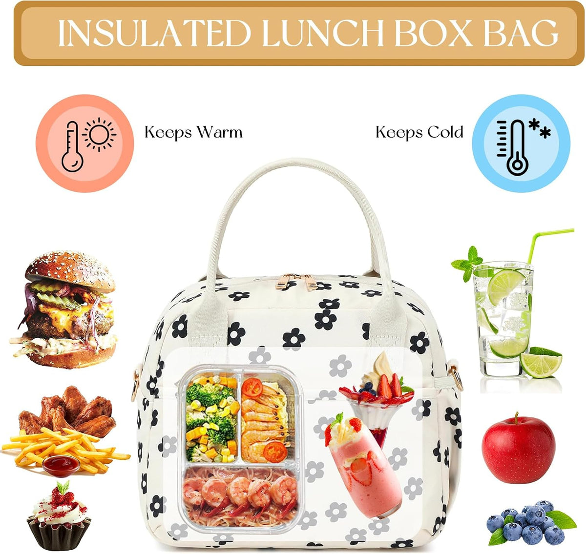 Lunch Box for Women Insulated Lunch Bag Lunchbox Cooler Thermal Leakproof Quilted Reusable Lunch Tote Bag for Work School Travel Picnic (Black) - Colors A