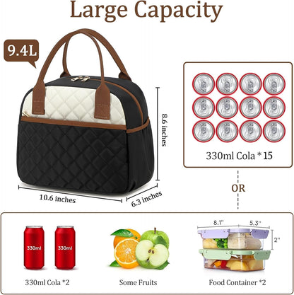 Lunch Box for Women Insulated Lunch Bag Lunchbox Cooler Thermal Leakproof Quilted Reusable Lunch Tote Bag for Work School Travel Picnic (Black) - Colors A