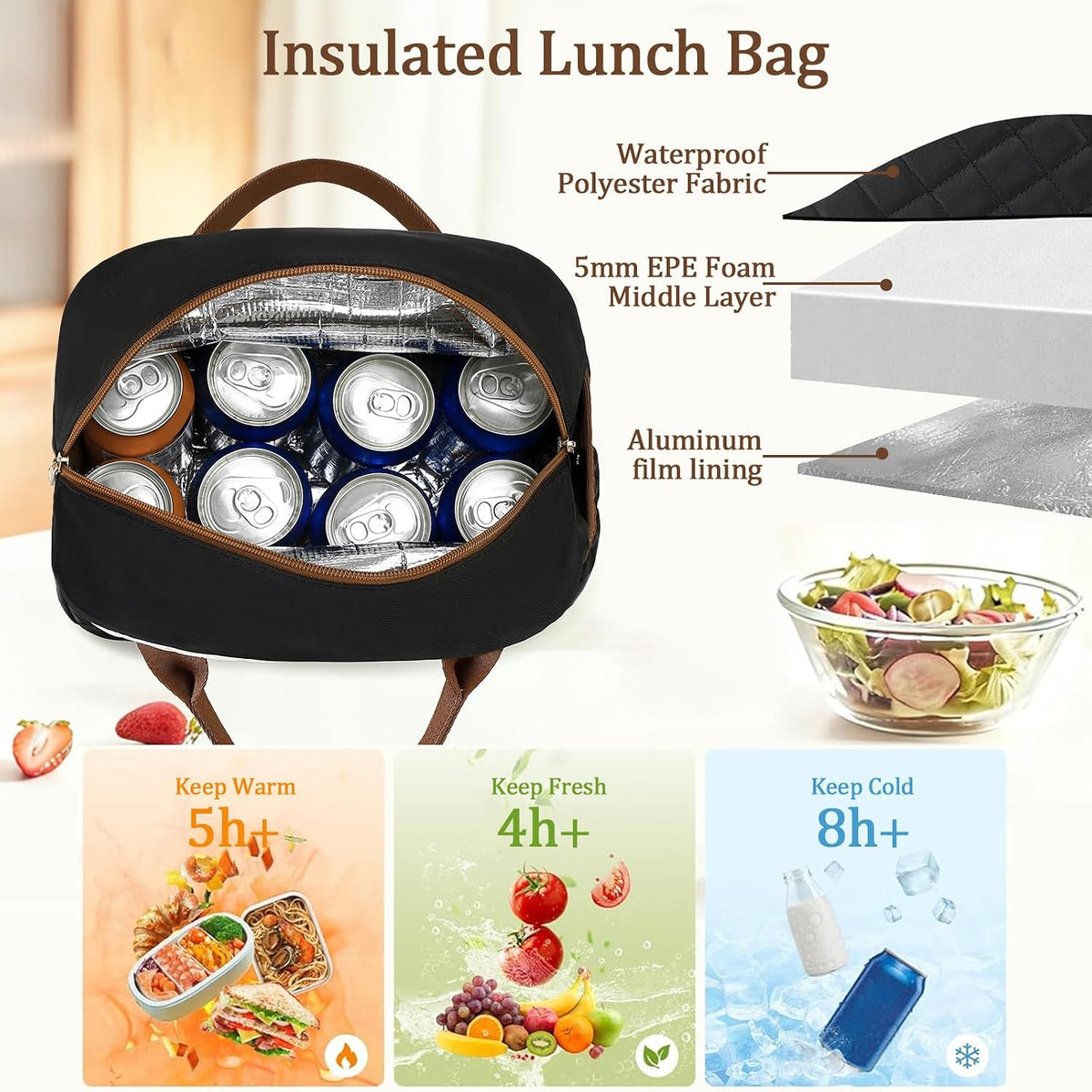 Lunch Box for Women Insulated Lunch Bag Lunchbox Cooler Thermal Leakproof Quilted Reusable Lunch Tote Bag for Work School Travel Picnic (Black) - Colors A