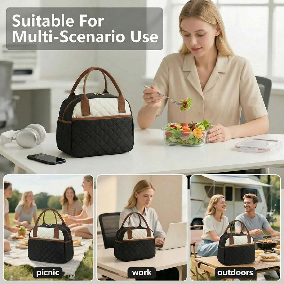 Lunch Box for Women Insulated Lunch Bag Lunchbox Cooler Thermal Leakproof Quilted Reusable Lunch Tote Bag for Work School Travel Picnic (Black) - Colors A