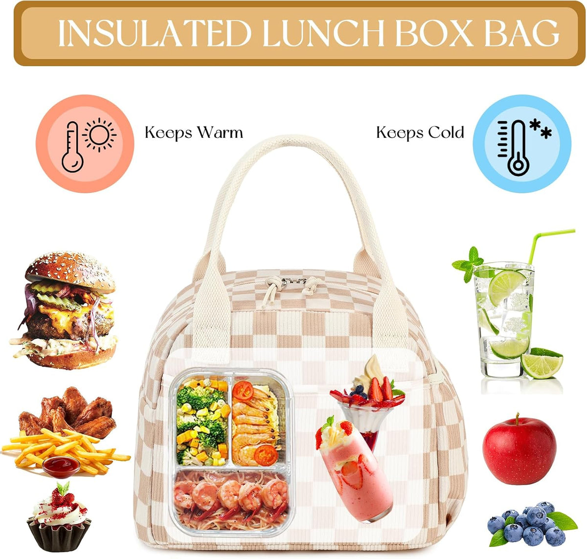 Lunch Box for Women Insulated Lunch Bag Lunchbox Cooler Thermal Leakproof Quilted Reusable Lunch Tote Bag for Work School Travel Picnic (Black) - Colors A