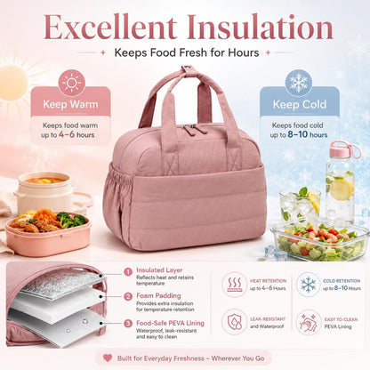 Lunch Box for Women Insulated Lunch Bag Lunchbox Cooler Thermal Leakproof Quilted Reusable Lunch Tote Bag for Work School Travel Picnic (Black) - Colors A