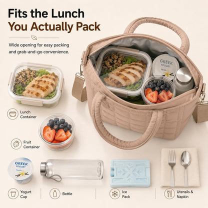 Lunch Box for Women Insulated Lunch Bag Lunchbox Cooler Thermal Leakproof Quilted Reusable Lunch Tote Bag for Work School Travel Picnic (Black) - Colors A
