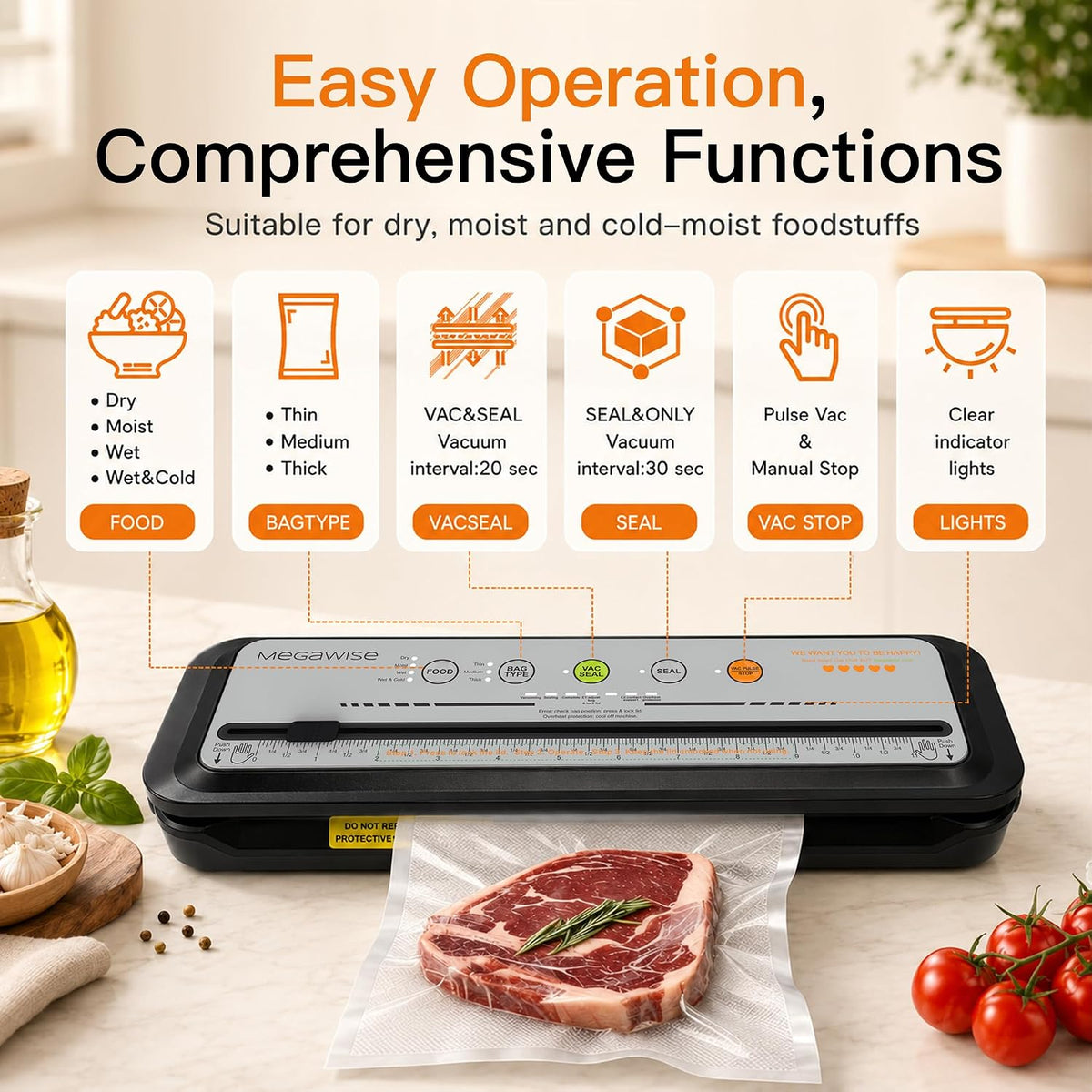 Vacuum Sealer Machine, 80kPa, Built-In Cutter, Dry/Moist