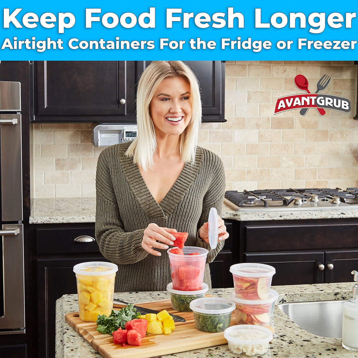 Avant Grub Food Storage Containers, BPA-Free Plastic, Deli Grade with Leakproof Lids, 12ct. Durable 32 Oz Microwave and Freezer Safe Containers for Takeout, Meal Prep, Storage, Keeps Food Fresh Longer