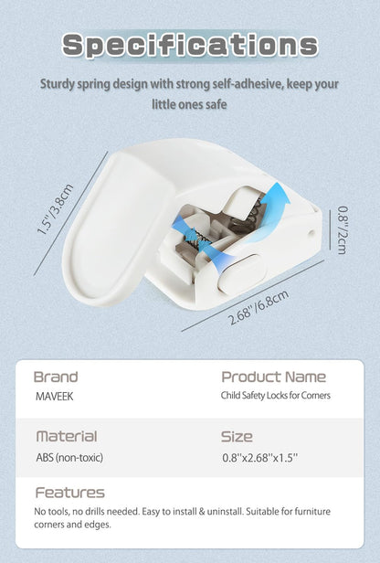 Drawer Locks Baby Proofing, Child Proof Cabinet Locks For 0-12 Month Baby Safety Botton Lock For Drawers Side Furniture Latches Corner Edges (White)