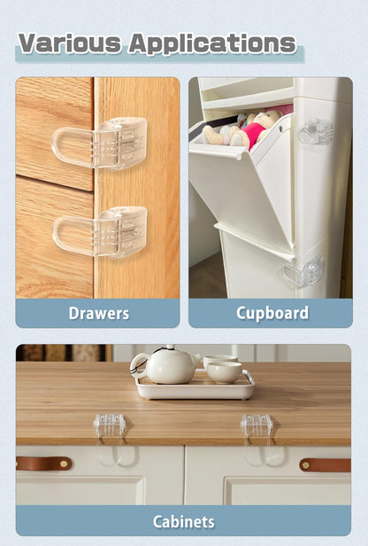 Drawer Locks Baby Proofing, Child Proof Cabinet Locks For 0-12 Month Baby Safety Botton Lock For Drawers Side Furniture Latches Corner Edges (White)