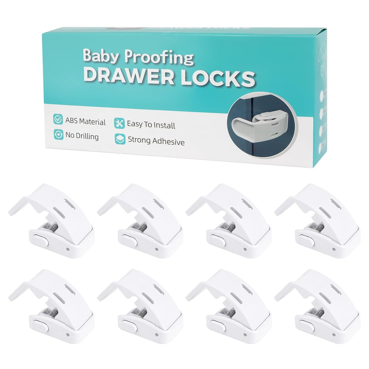 Drawer Locks Baby Proofing, Child Proof Cabinet Locks For 0-12 Month Baby Safety Botton Lock For Drawers Side Furniture Latches Corner Edges (White)