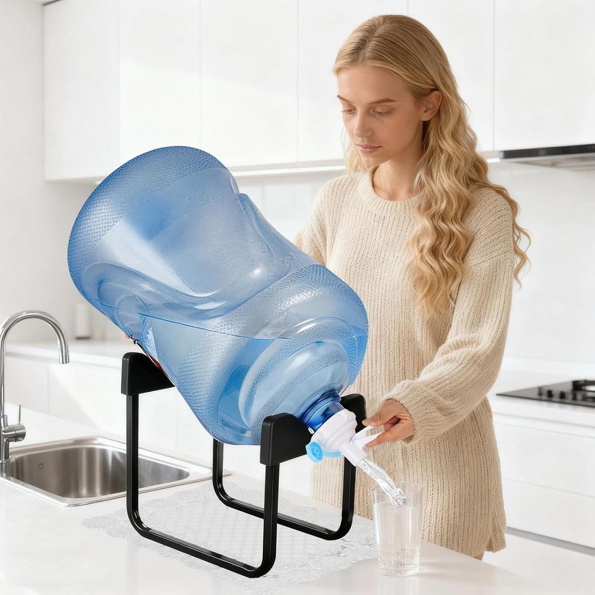 2 Packs 3-5 Gallon Water Jug Stand with 4 Dispenser Valves,Non Slip Water Stand with Fast Flow Water Spout Fits 55mm Bottles,Include 2 Non-Slip Mat