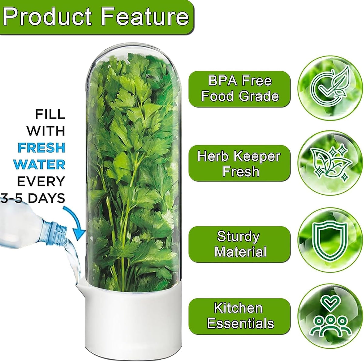 Herb Saver for Refrigerator, Herb Saver Pod Cilantro Containers for Refrigerator, Fresh Herb Keeper for Cilantro, Parsley, Asparagus, Mint, Keeps Greens Vegetables for 2-3 Weeks (Herb Keeper)