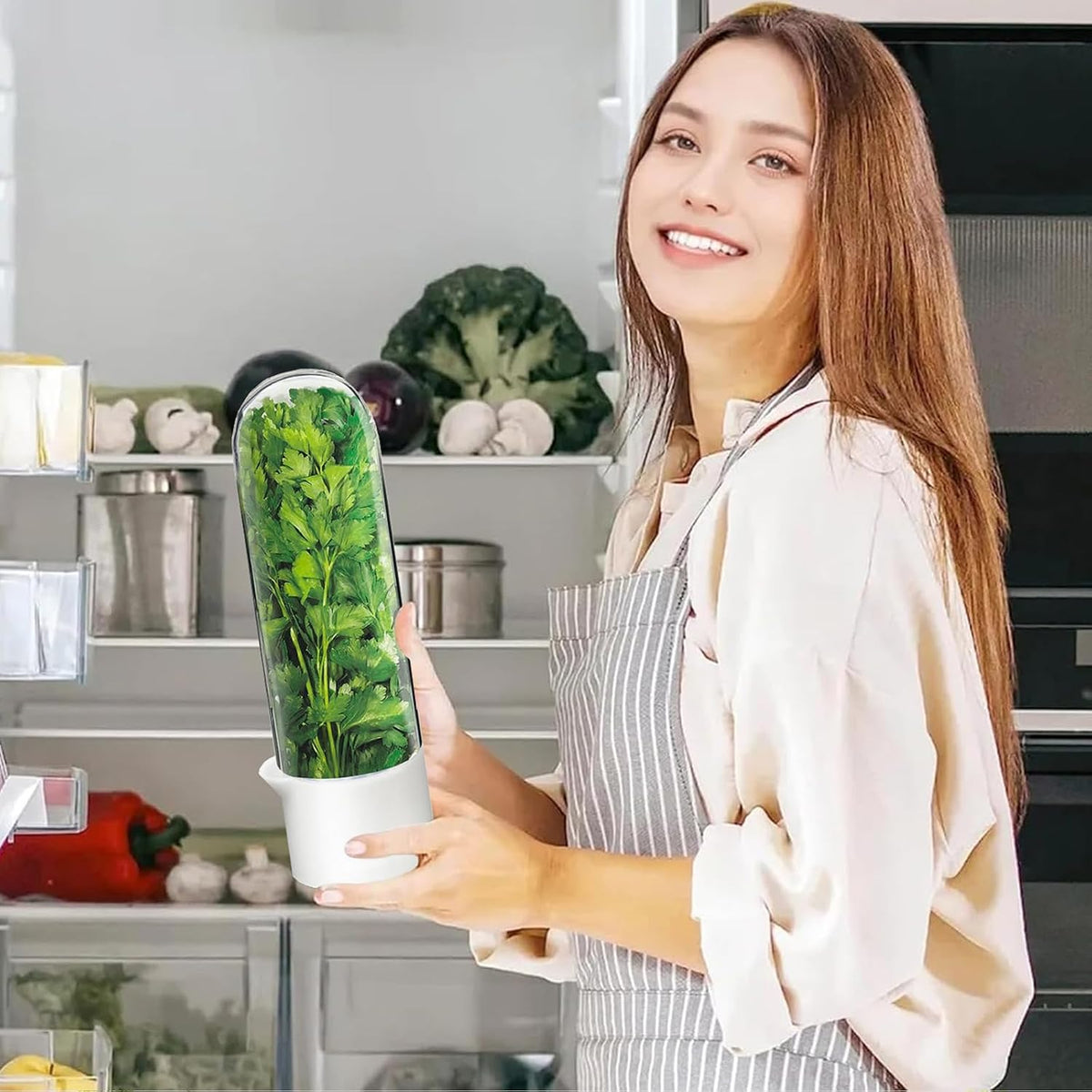Herb Saver for Refrigerator, Herb Saver Pod Cilantro Containers for Refrigerator, Fresh Herb Keeper for Cilantro, Parsley, Asparagus, Mint, Keeps Greens Vegetables for 2-3 Weeks (Herb Keeper)