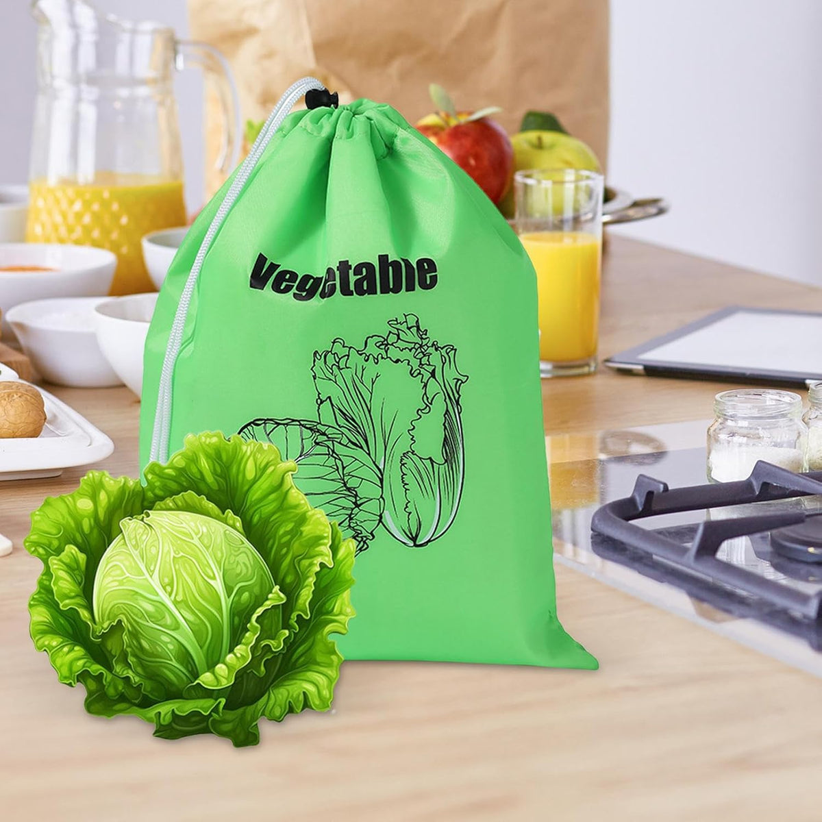 Lettuce Keeper - Produce Storage, Vegetable Saver | Reusable Fresh Produce Bag, Drawstring Pouch for Longer Shelf Life with Home Kitchen Use, Apartment Meal Prep, Grocery Shopping Setup