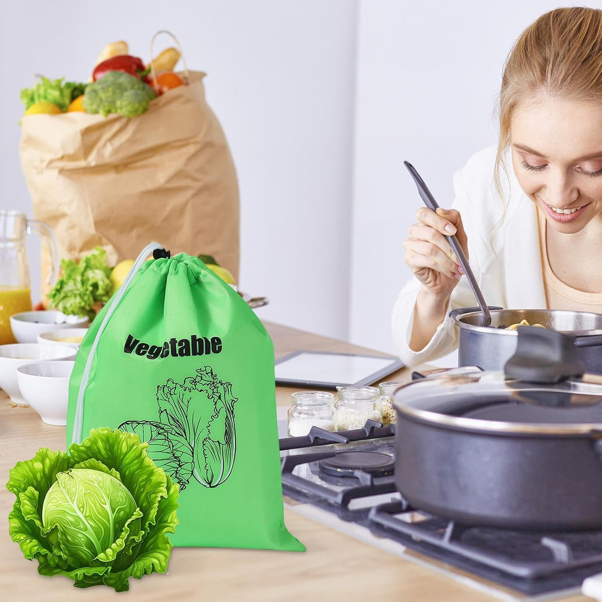 Lettuce Keeper - Produce Storage, Vegetable Saver | Reusable Fresh Produce Bag, Drawstring Pouch for Longer Shelf Life with Home Kitchen Use, Apartment Meal Prep, Grocery Shopping Setup