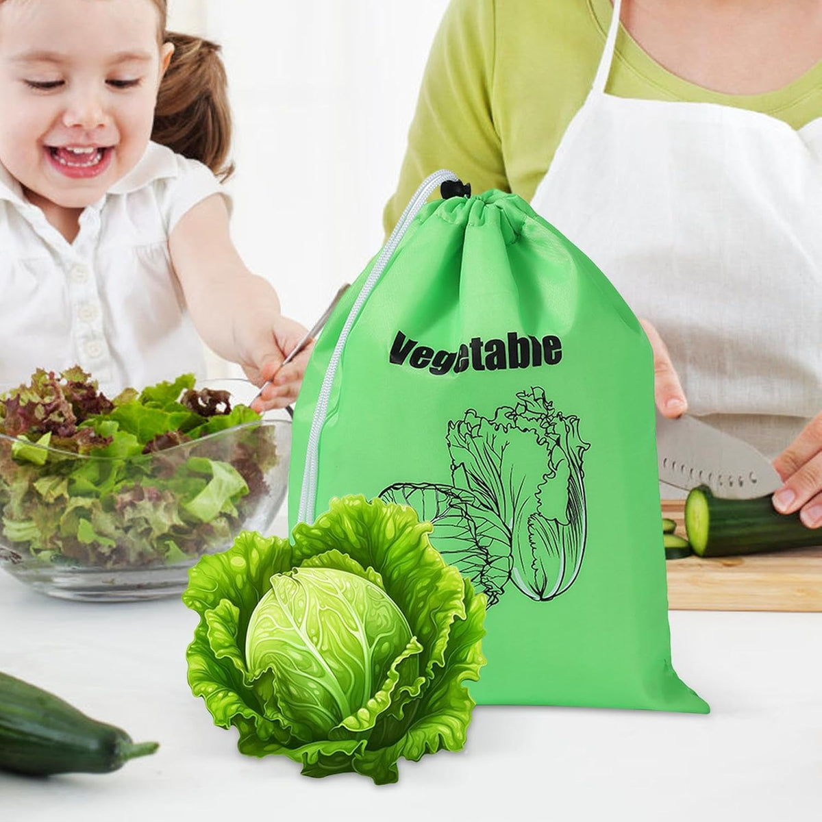 Lettuce Keeper - Produce Storage, Vegetable Saver | Reusable Fresh Produce Bag, Drawstring Pouch for Longer Shelf Life with Home Kitchen Use, Apartment Meal Prep, Grocery Shopping Setup