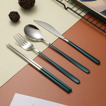 Portable Travel Camping Cutlery Set, TWUTGAYW Silver Green Reusable Flatware Silverware, Stainless Steel Cutlery Set, Portable Chopsticks Knife Spoons Forks Set for Camping Picnic Lunch Daily Use