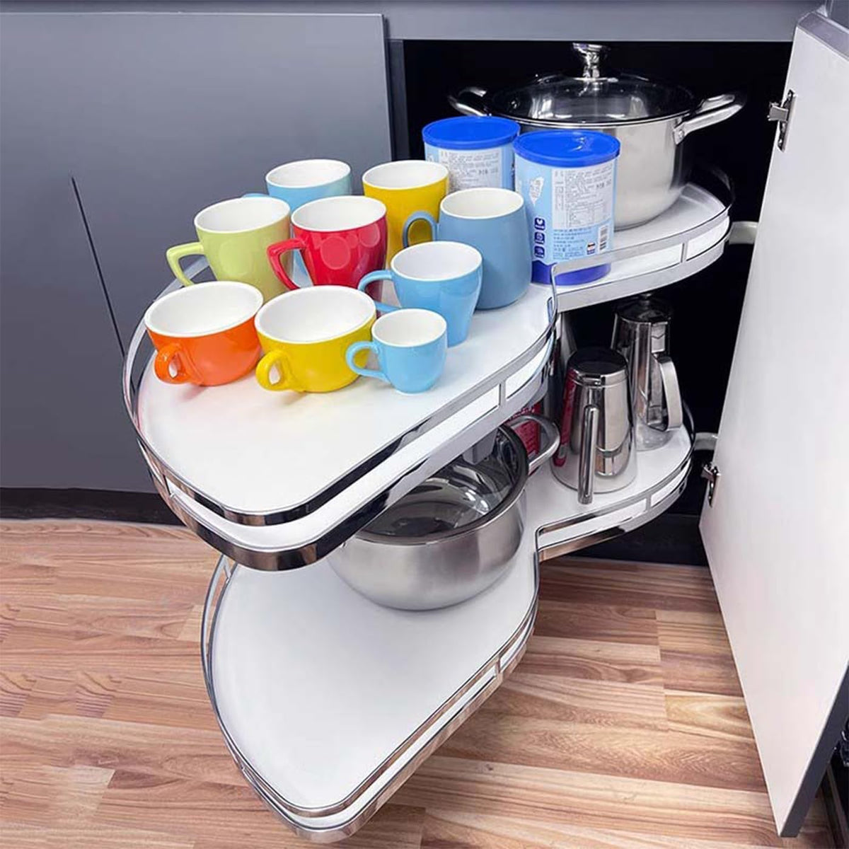 Swing Left Blind Corner Cabinet Pull Out Organizer, 2-Shelf Deep Corner Kitchen Cabinet Slide Out Organizer 2-Tier Slide Out Cabinet Organizer Lazy Susan Organizer (30inch-Left Out)