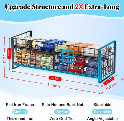 2-Tier Stackable Can Rack Organizer for Pantry Shelf, Extra-Long Can Holder for Kitchen Organization,Heavy Duty Can Dispenser for Canned Food Soup Goods up to 64 in Cabinet Storage, Black