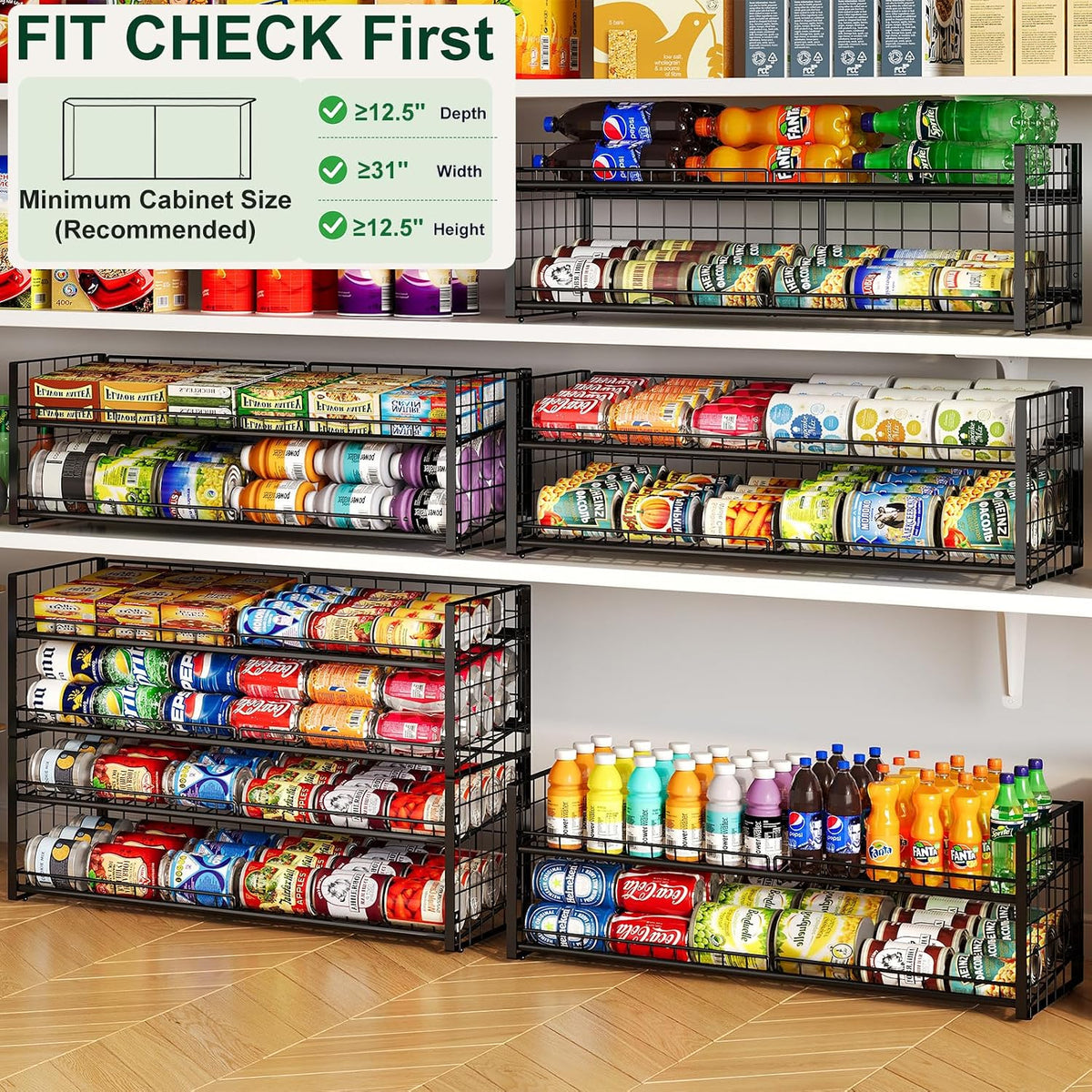 2-Tier Stackable Can Rack Organizer for Pantry Shelf, Extra-Long Can Holder for Kitchen Organization,Heavy Duty Can Dispenser for Canned Food Soup Goods up to 64 in Cabinet Storage, Black