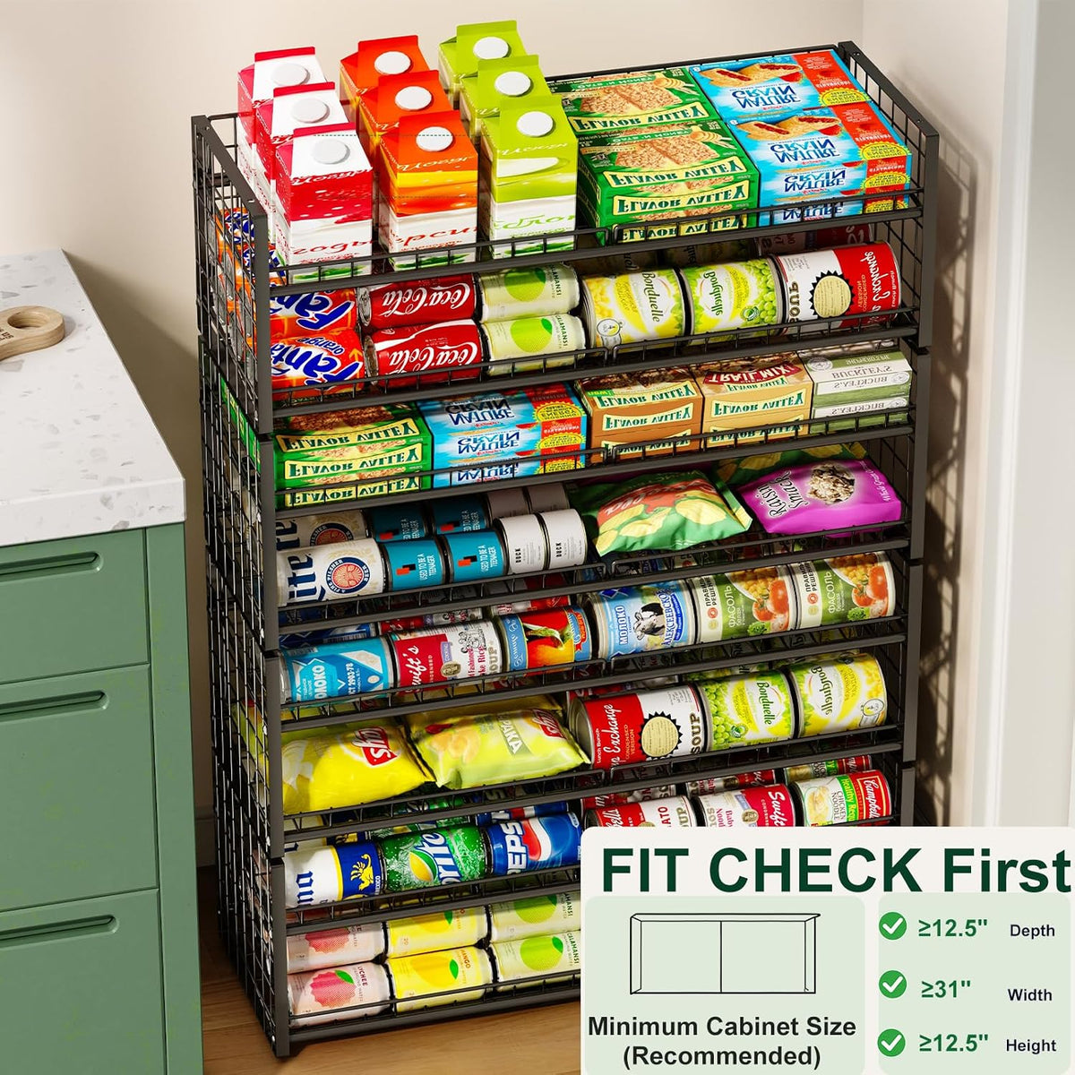 2-Tier Stackable Can Rack Organizer for Pantry Shelf, Extra-Long Can Holder for Kitchen Organization,Heavy Duty Can Dispenser for Canned Food Soup Goods up to 64 in Cabinet Storage, Black