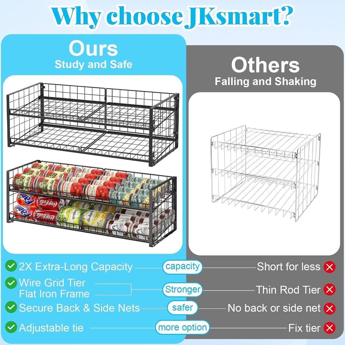 2-Tier Stackable Can Rack Organizer for Pantry Shelf, Extra-Long Can Holder for Kitchen Organization,Heavy Duty Can Dispenser for Canned Food Soup Goods up to 64 in Cabinet Storage, Black