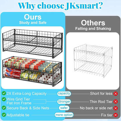 2-Tier Stackable Can Rack Organizer for Pantry Shelf, Extra-Long Can Holder for Kitchen Organization,Heavy Duty Can Dispenser for Canned Food Soup Goods up to 64 in Cabinet Storage, Black