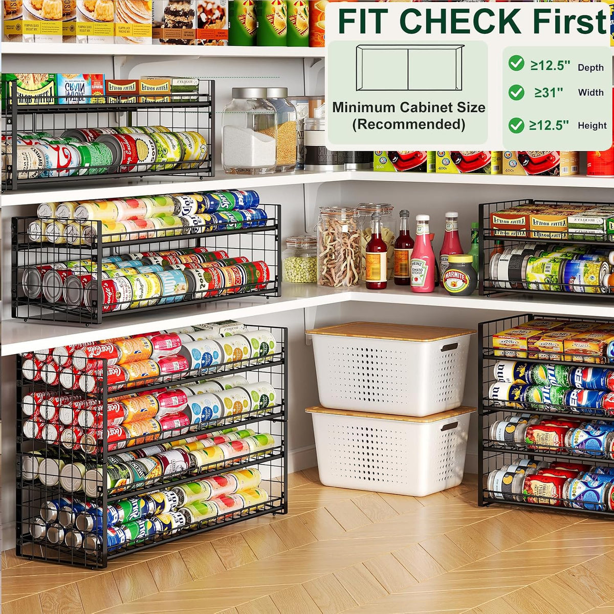 2-Tier Stackable Can Rack Organizer for Pantry Shelf, Extra-Long Can Holder for Kitchen Organization,Heavy Duty Can Dispenser for Canned Food Soup Goods up to 64 in Cabinet Storage, Black