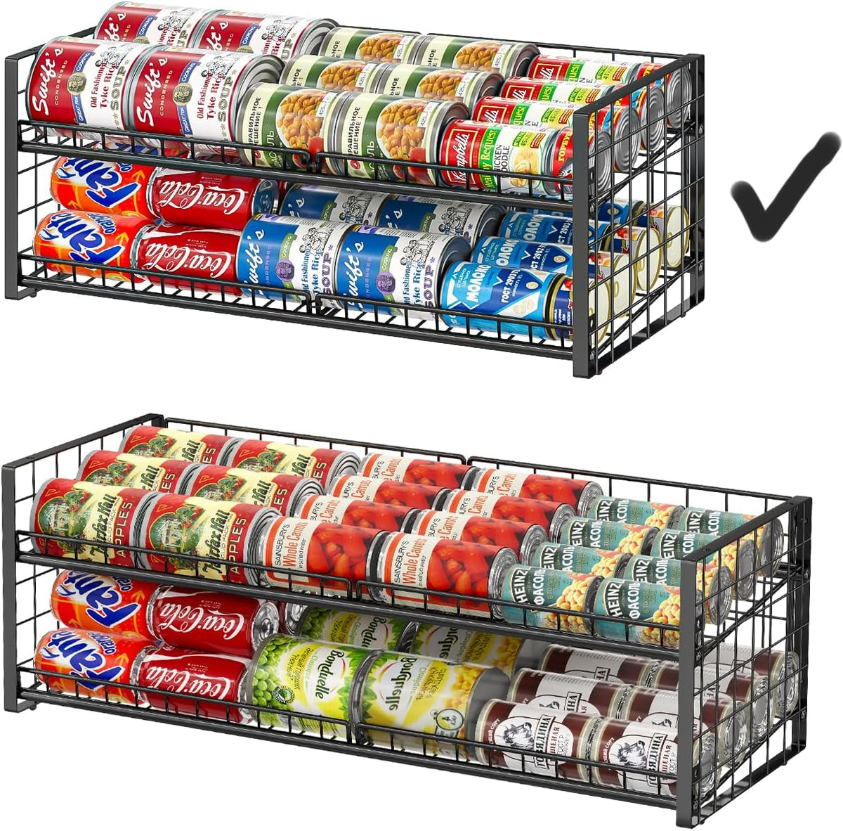 2-Tier Stackable Can Rack Organizer for Pantry Shelf, Extra-Long Can Holder for Kitchen Organization,Heavy Duty Can Dispenser for Canned Food Soup Goods up to 64 in Cabinet Storage, Black