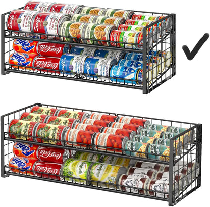 2-Tier Stackable Can Rack Organizer for Pantry Shelf, Extra-Long Can Holder for Kitchen Organization,Heavy Duty Can Dispenser for Canned Food Soup Goods up to 64 in Cabinet Storage, Black