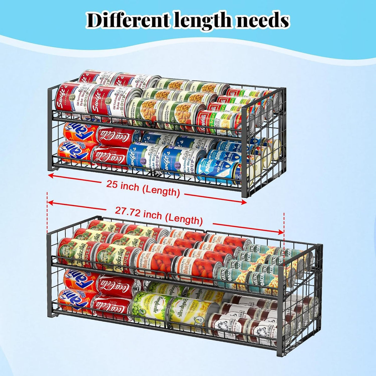 2-Tier Stackable Can Rack Organizer for Pantry Shelf, Extra-Long Can Holder for Kitchen Organization,Heavy Duty Can Dispenser for Canned Food Soup Goods up to 64 in Cabinet Storage, Black