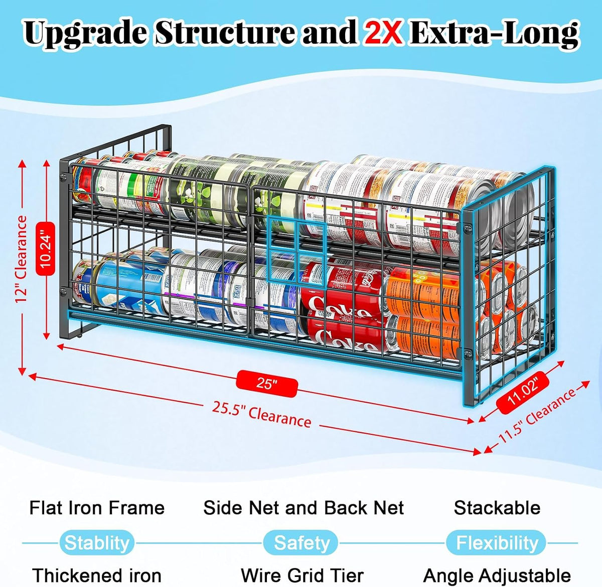 2-Tier Stackable Can Rack Organizer for Pantry Shelf, Extra-Long Can Holder for Kitchen Organization,Heavy Duty Can Dispenser for Canned Food Soup Goods up to 64 in Cabinet Storage, Black