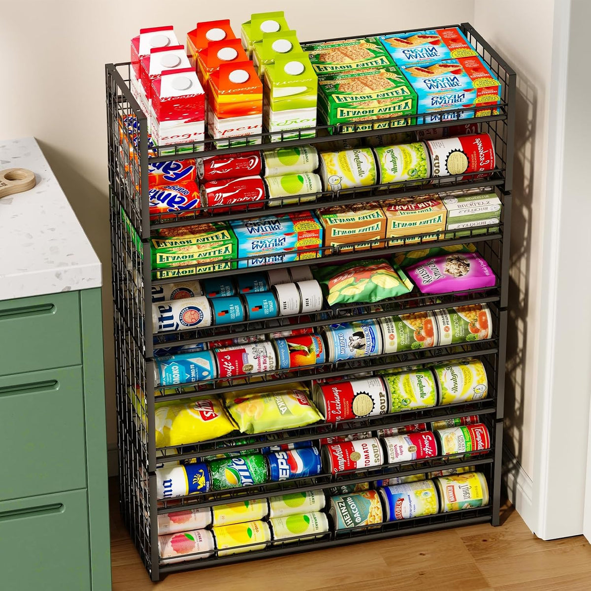 2-Tier Stackable Can Rack Organizer for Pantry Shelf, Extra-Long Can Holder for Kitchen Organization,Heavy Duty Can Dispenser for Canned Food Soup Goods up to 64 in Cabinet Storage, Black