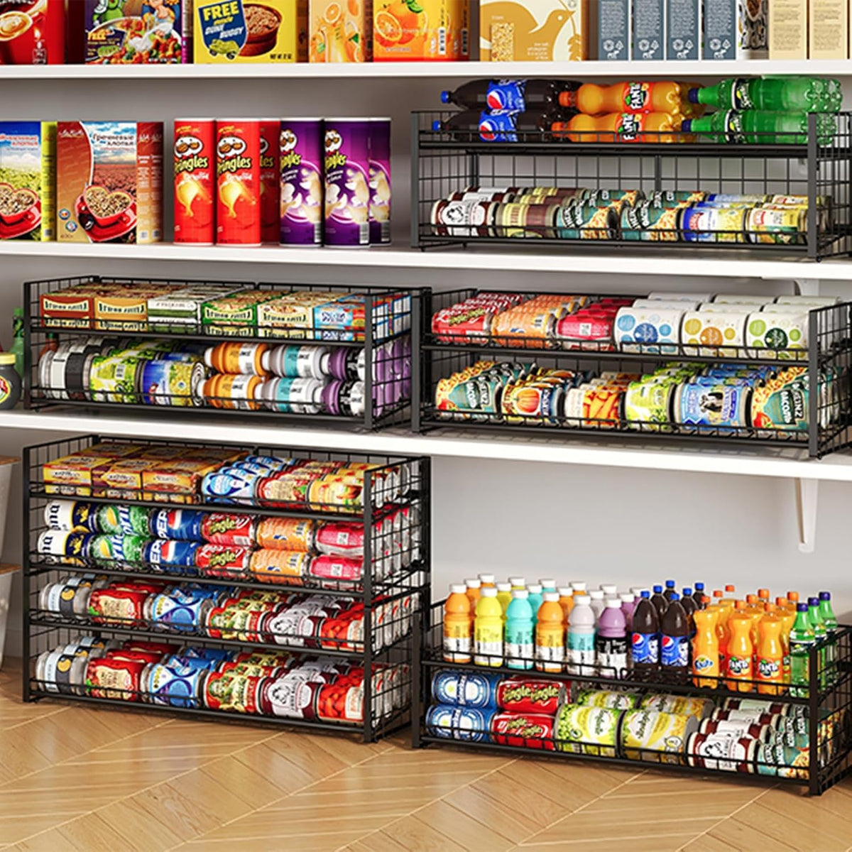 2-Tier Stackable Can Rack Organizer for Pantry Shelf, Extra-Long Can Holder for Kitchen Organization,Heavy Duty Can Dispenser for Canned Food Soup Goods up to 64 in Cabinet Storage, Black