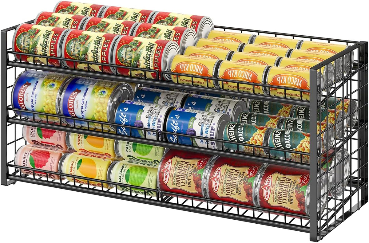 2-Tier Stackable Can Rack Organizer for Pantry Shelf, Extra-Long Can Holder for Kitchen Organization,Heavy Duty Can Dispenser for Canned Food Soup Goods up to 64 in Cabinet Storage, Black